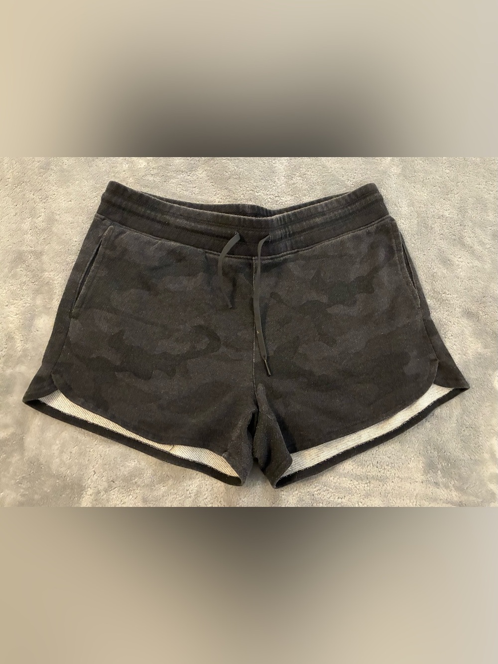 Women’s Velocity Black Camo Lounge Shorts with a Waistline Drawstring Size Large